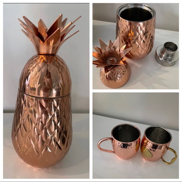 COPY - Pier 1 imports 22 oz Copper/metal Pineapple Cocktail Shaker & mugs